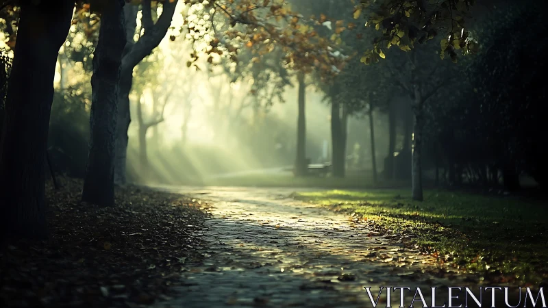 Luminous Tree-Lined Path with Atmospheric Light Rays
