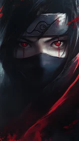 Digital painting portrait of masked crimson-eyed shinobi.