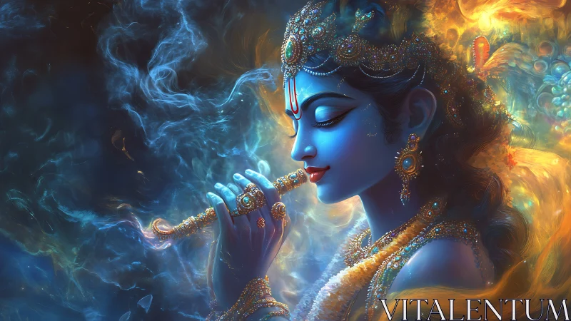 Blue-skinned deity playing flute in glowing jeweled attire.