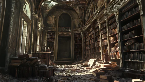Abandoned grand library interior lined with decaying books.