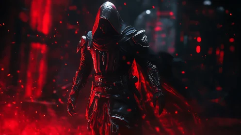 Bloodlit shadow reaper strides through ember-soaked gloom.