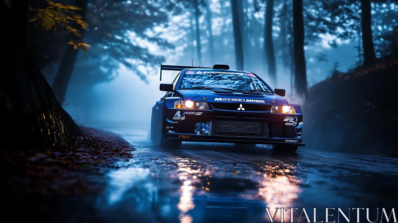 Rally car cuts through foggy forest road with cinematic lighting