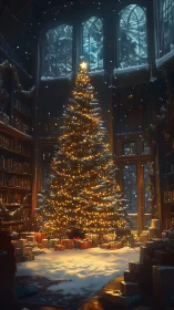 Golden library Christmas tree amid falling snowlight.