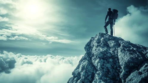 Solitary mountaineer stands on rocky summit above clouds