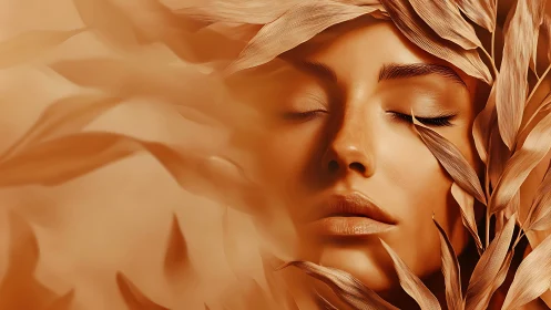 Female face with closed eyes surrounded by dried leaves