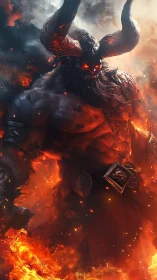 Volumetric-lit horned demon emerging from infernal flame vortex