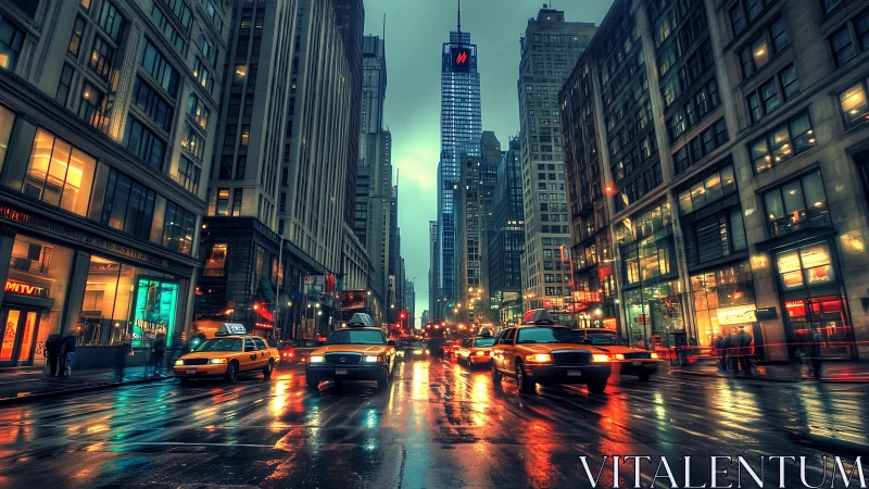 Rainy city avenue glowing with cozy evening taxi lights.