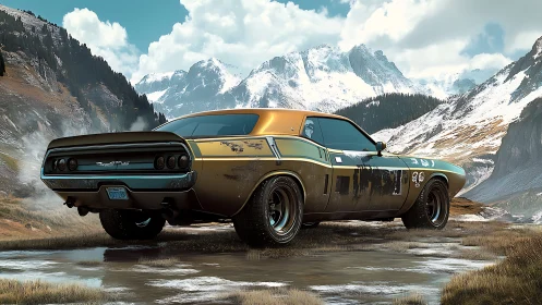 Vintage muscle car on wet alpine plateau in early spring.