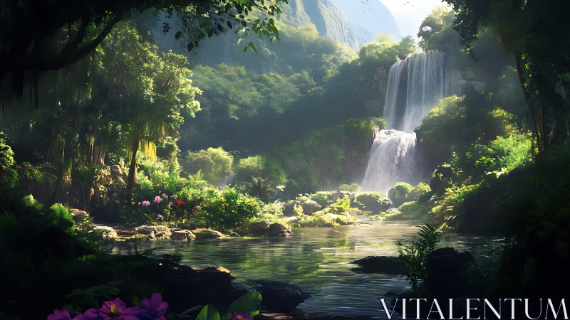 Dense rainforest pool with tiered waterfall and foliage.