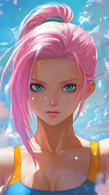 Sunlit swimmer with pink starlight hair and tidal-blue gaze.