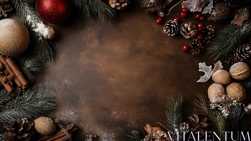 Christmas ornaments and greenery frame empty brown background