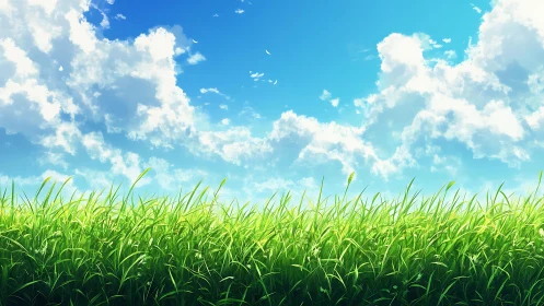 Sunlit grassy field under bright, slow-drifting summer clouds.