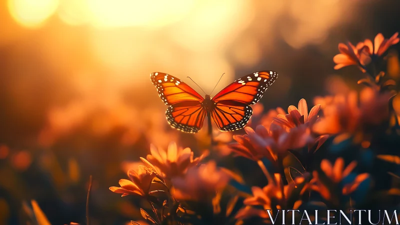 Monarch butterfly glows above sunlit orange garden flowers.