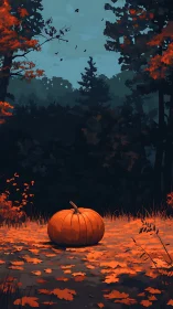 Single pumpkin resting on orange leaf covered forest floor.