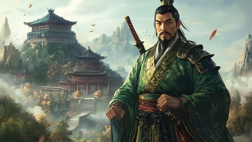 Stoic samurai lord guards misty mountain temples at dawn