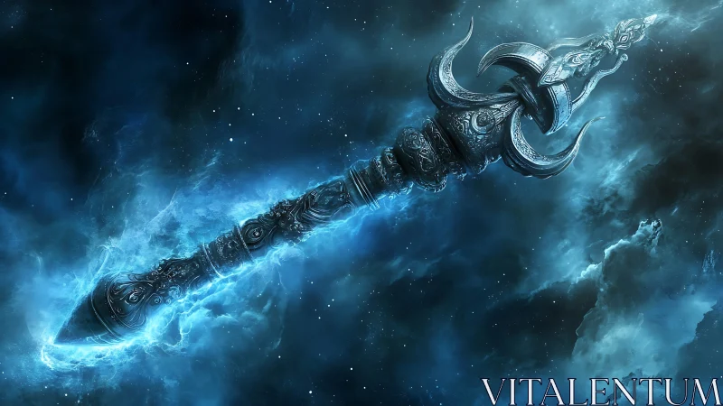 Celestial trident-spear drifts through luminous cosmic storm.