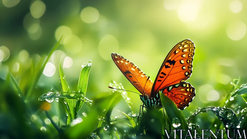 Orange butterfly rests on wet grass blades in soft focus light