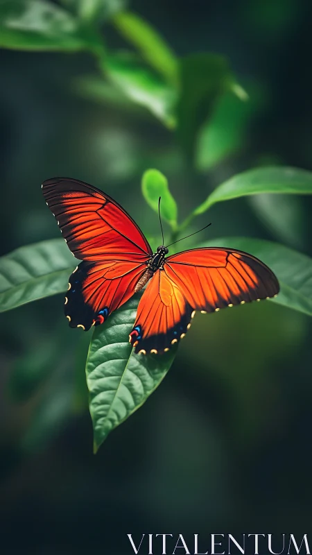 Orange butterfly on green leaf with soft blurred foliage.