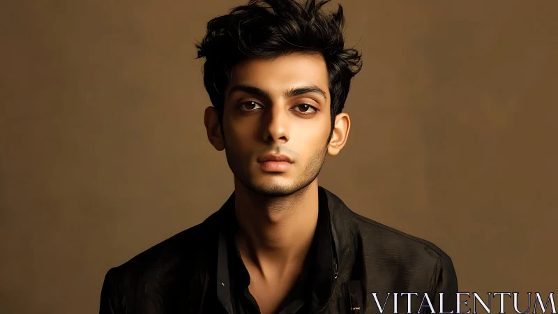 Moody studio portrait of young man in soft warm light.