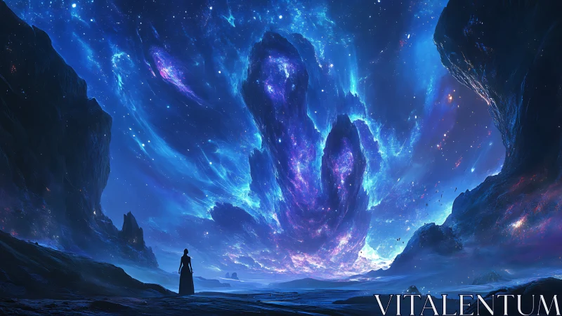 Cosmic Wanderer Under Luminous Nebula Skyscape Horizon