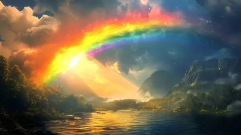 Sunlit rainbow bridge over a tranquil storybook valley.