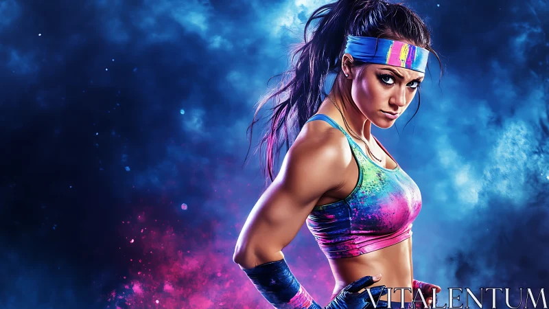 Colorful fitness warrior poised in a bold cosmic glow.