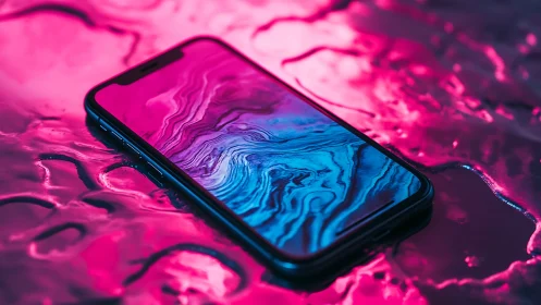 Neon tidal phone adrift on liquid magenta nightscape.