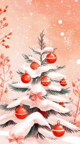 Snow-covered Christmas fir with red glass baubles illustration.