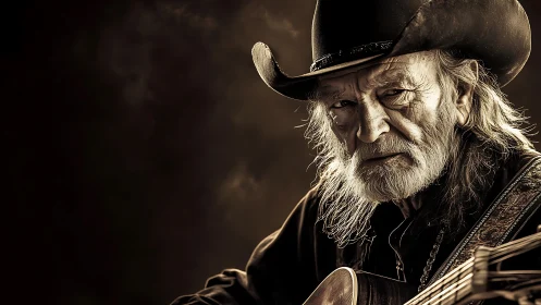 Cinematic portrait of elderly cowboy guitarist in chiaroscuro light.
