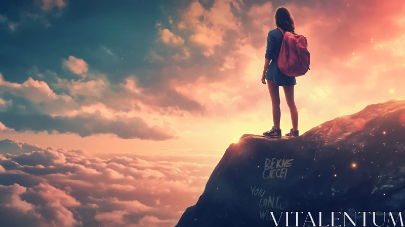 Backpacker girl stands above clouds in glowing sunrise dream