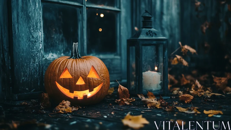 Cozy jack-o’-lantern glow beside a rustic autumn lantern.