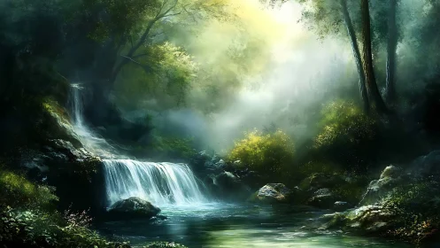 Misty Forest Waterfall Stream with Natural Light.