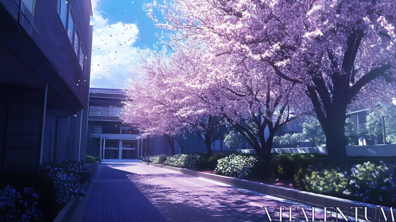 Cherry blossoms glow over a tranquil sunlit school courtyard