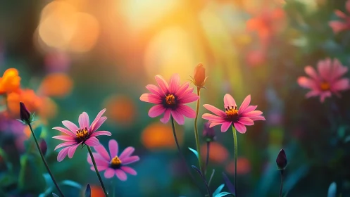 Pink Cosmos Flowers Backlit by Golden Sunlight