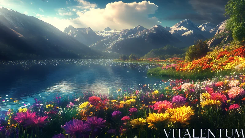 Blossoming alpine lake dreaming beneath crystal mountain light.