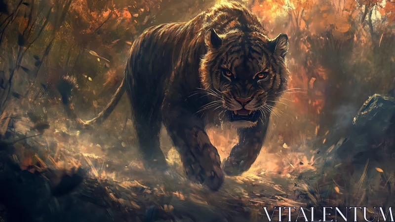 Fierce forest tiger strides through glowing autumn mist.