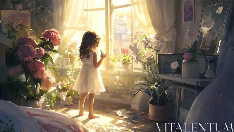 Luminous floral interior with child in backlit window vignette.
