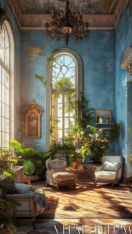 Sunlit blue parlor where ivy reclaims a forgotten palace.