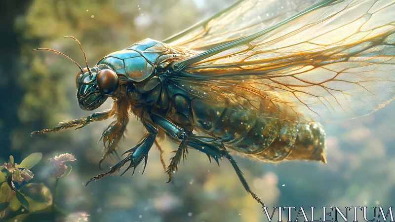 Iridescent macro dragonfly in luminous garden flight.