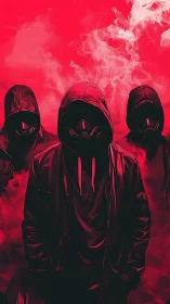 Hooded figures in masks emerge from red smoke-filled shadows
