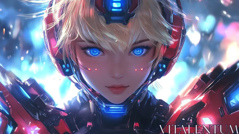 Cybernetic heroine portrait with luminous blue optics.