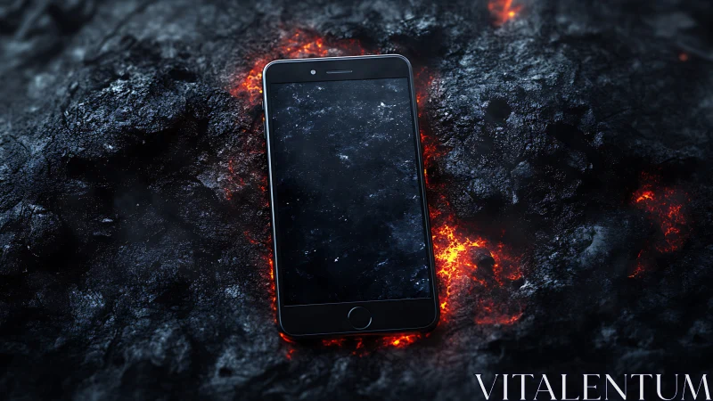 Smartphone on molten volcanic rock with glowing ember highlights