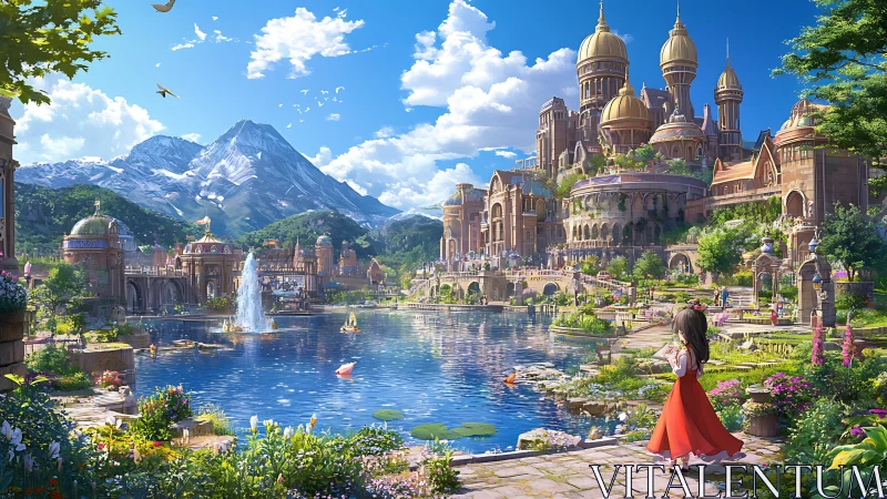 Fantasy lakeside city with domed palace and mountains