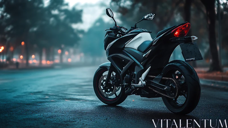 Sport motorcycle on wet urban street at blue hour, rear view