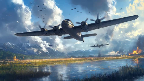 Low-altitude four‑engine bombers crossing wetland combat zone at speed