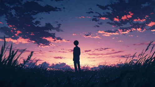 Silhouetted lone figure studies chromatic twilight sky