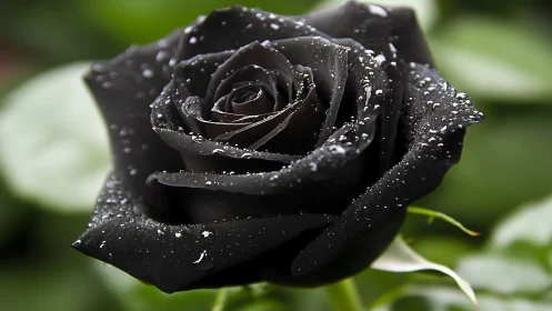 Nocturne rose glistens in midnight velvet raindrops.