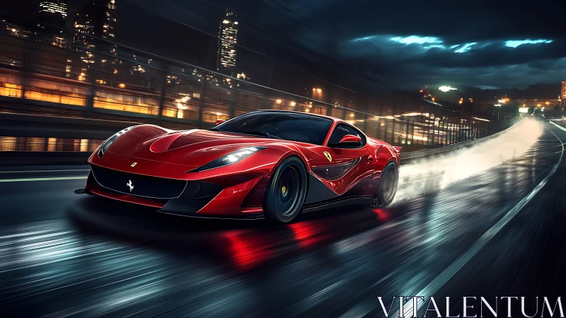 Red supercar racing on wet city highway at night scene.