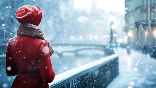 Figure in red coat by snowy riverside bridge at dusk.