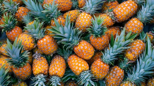 Clustered display of ripe pineapples with intact green crowns.